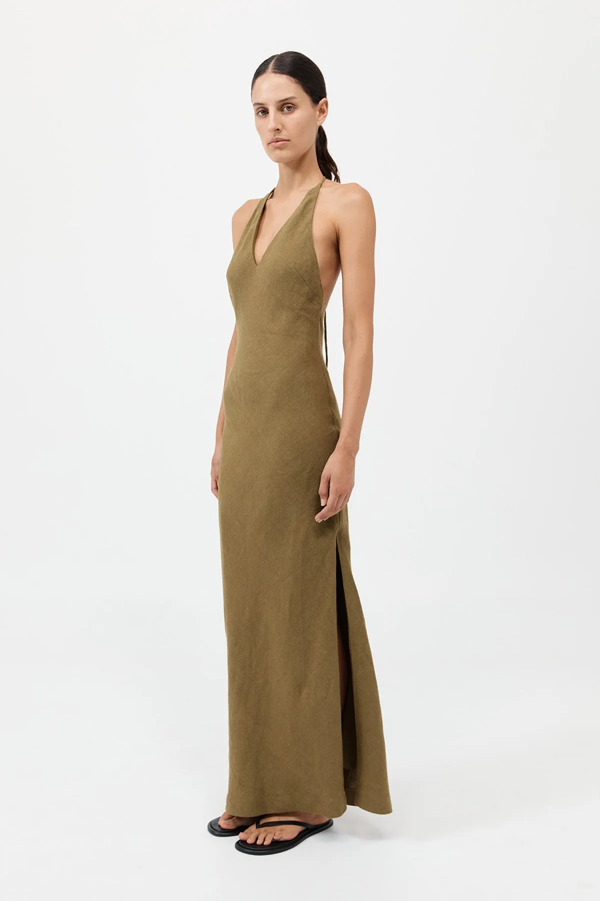 Linen Bias Halter Dress - Olive sold by St. Agni product image thumbnail 3