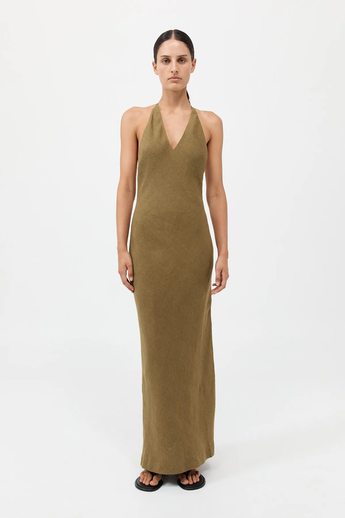Linen Bias Halter Dress - Olive sold by St. Agni