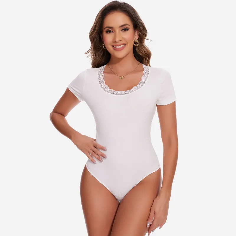 Joyshaper Lace Trim Ribbed Crew Neck Short Sleeve Bodysuit Top sold by Joyshaper
