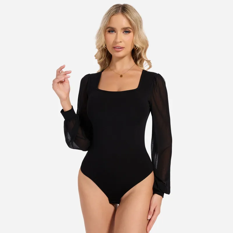Joyshaper Women’s Square Neck Puff Sleeve Bodysuit Long Sleeve Tops made by Joyshaper