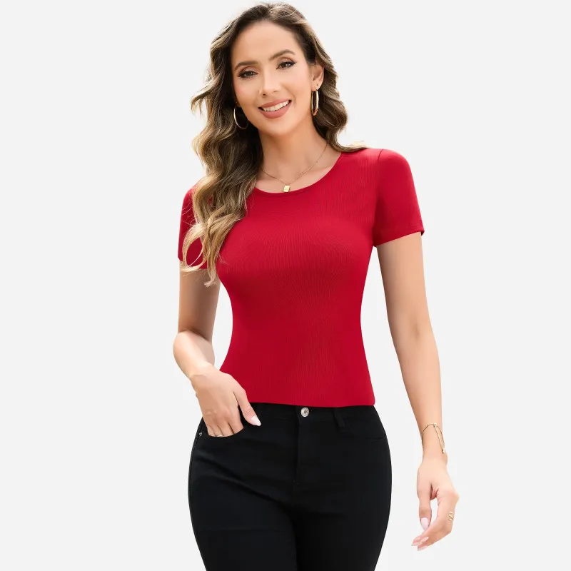 Joyshaper Women's Slim Fit Crew Neck Ribbed Tee Summer Short Sleeve sold by Joyshaper