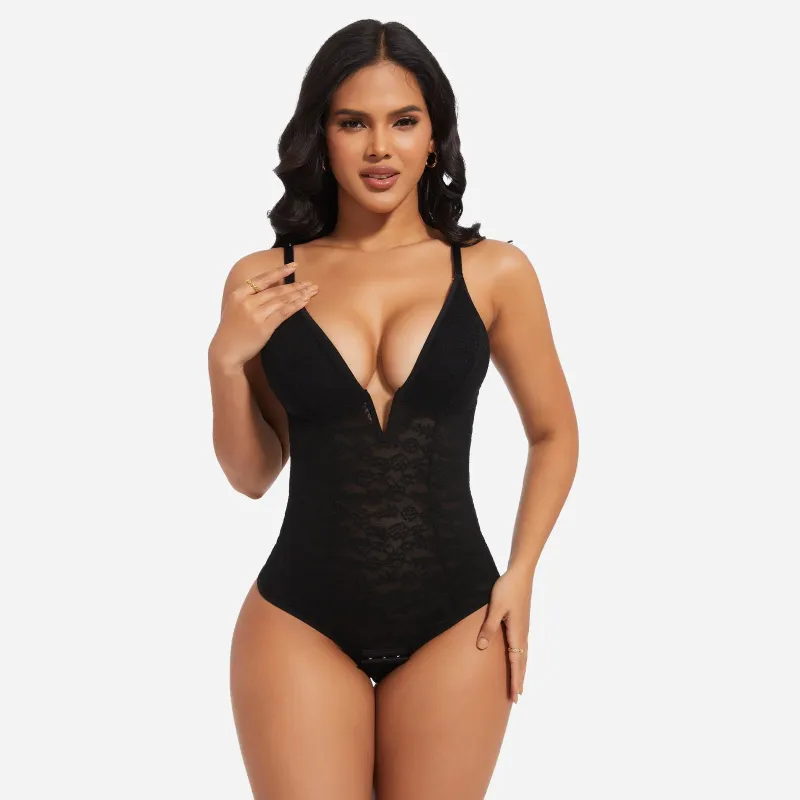 JOYSHAPER Women's Lace V Neck Shapewear Tummy Control Thong Bodysuit sold by Joyshaper