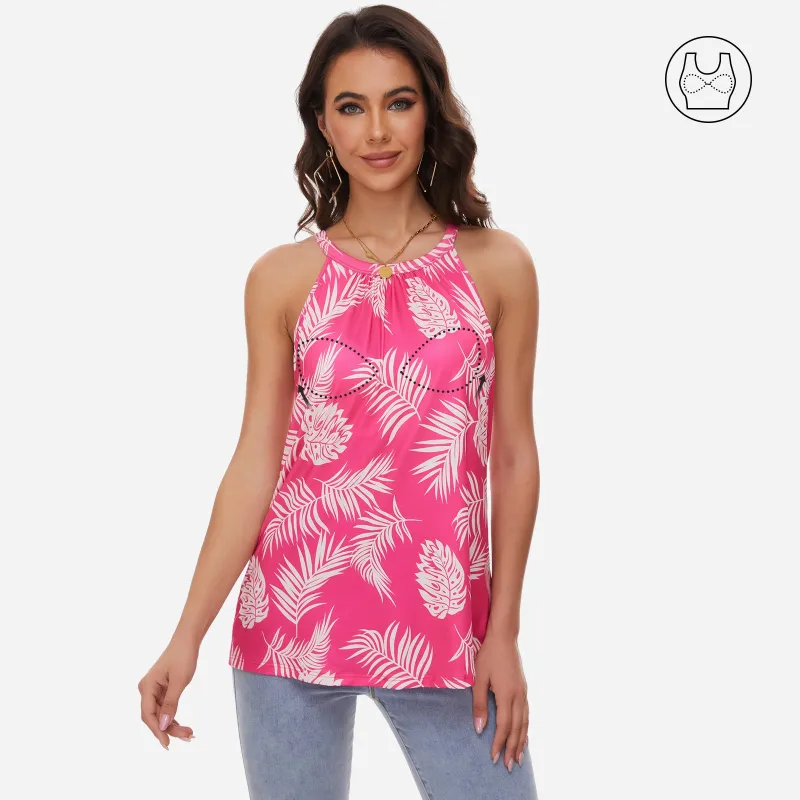 Joyshaper Women's Pink Built in Bra Flowy Casual Halter Cami Tank Top made by Joyshaper
