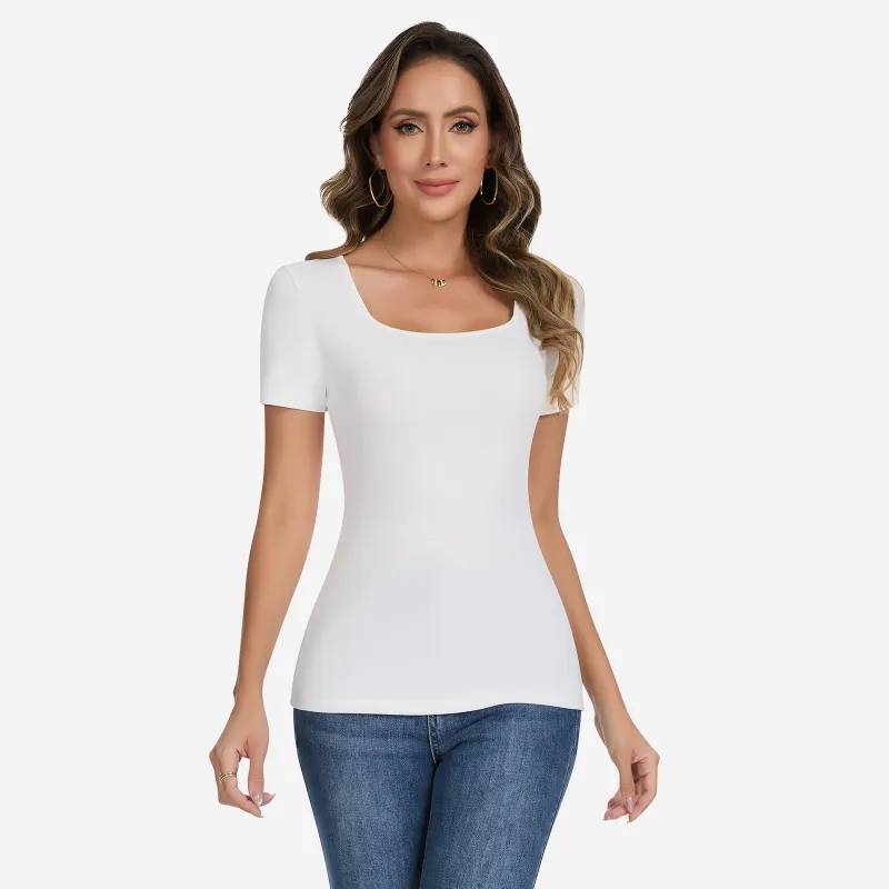 Joyshaper Ladies Ribbed Square Neck Tee Slim Fit Summer Top sold by Joyshaper
