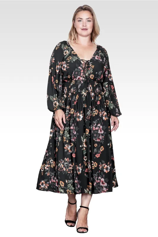 Plus Size Floral-Print Sheer Sleeve Midi Dress-Rusty Floral sold by Standards and Practices