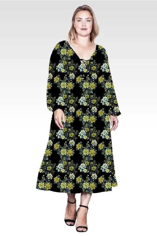 Plus Size Floral-Print Sheer Sleeve Midi Dress-Black Abstract sold by Standards and Practices