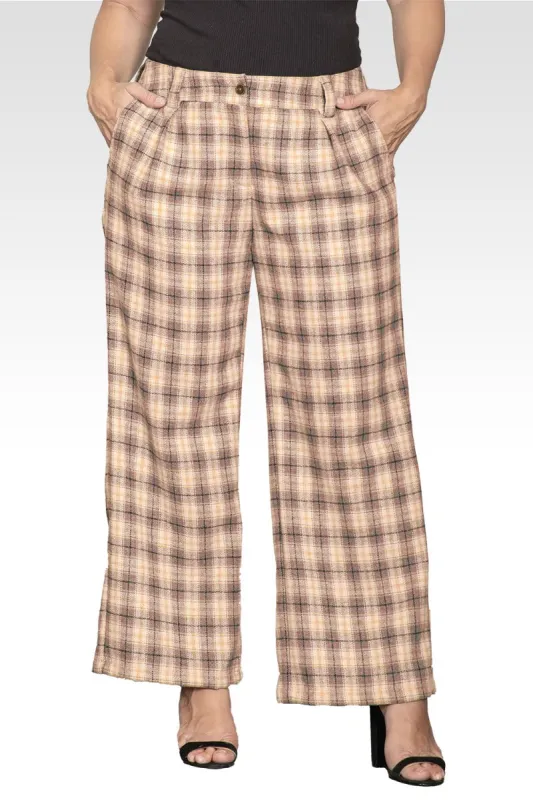 Plus Size Wide Leg Plaid Pants-Brown Plaid made by Standards and Practices