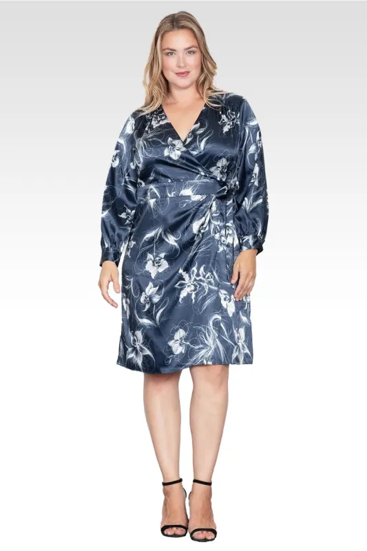 Fiona Women's Plus Size Floral Print Faux Wrap Satin Midi Dress made by Standards and Practices