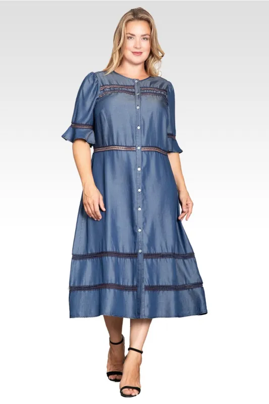 Elara Women's Plus Size Lace Detailing Trim Tencel Denim Dress made by Standards and Practices