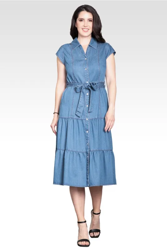 Marisol Women's A-Line Tiered Denim Midi Dress made by Standards and Practices