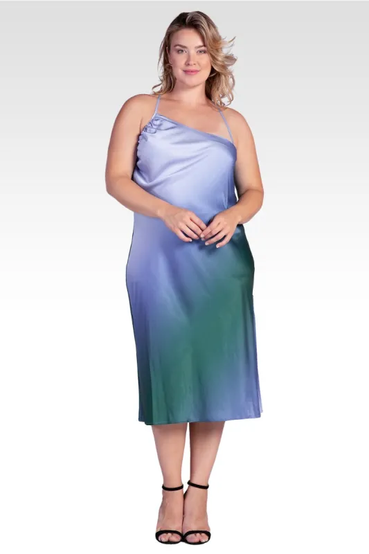 Avi Women's Plus Size Ombre Glacial Blue Asymmetric Satin Slip Dress sold by Standards and Practices