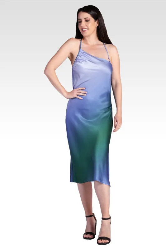 Avi Women's Ombre Glacial Blue Asymmetric Satin Slip Dress sold by Standards and Practices