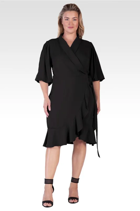 Kylie Women's Plus Size Double Georgette Black Ruffles Wrap Midi Dress made by Standards and Practices