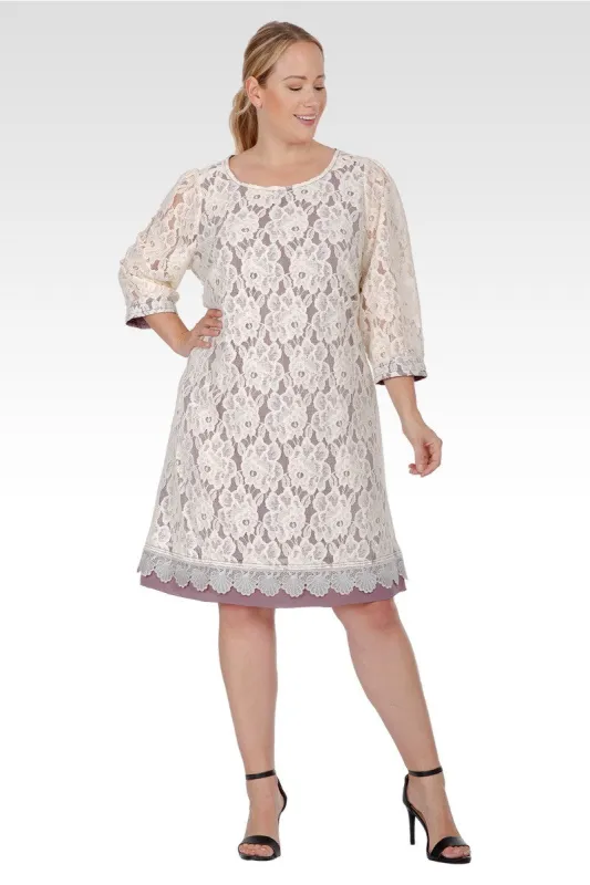 Everleigh Women's Plus Size Elegant  Floral  Lace Boat Neck 3/4 sleeve Midi Dress sold by Standards and Practices