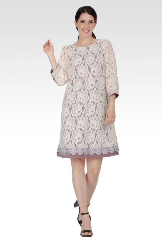 Everleigh Women's Elegant Floral Lace Boat Neck 3/4 sleeve Midi Dress made by Standards and Practices