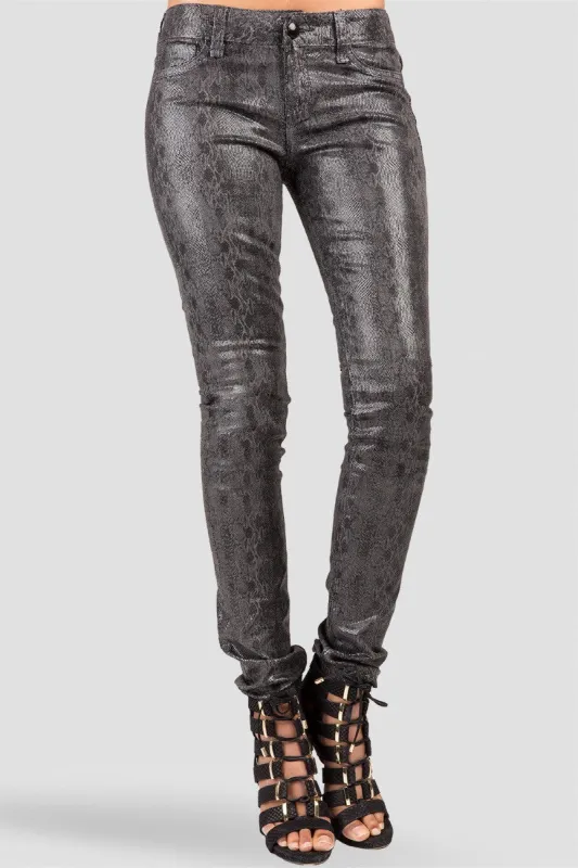 Black Snake Print Coated Skinny Jeans sold by Standards and Practices