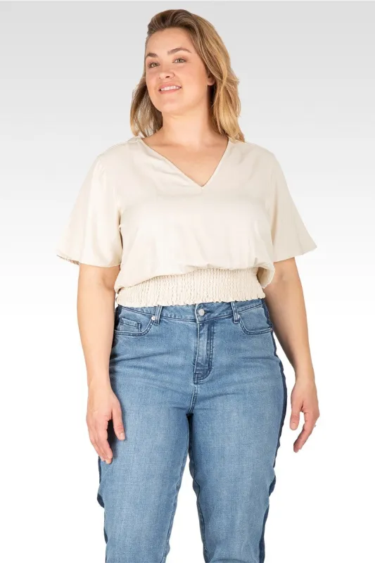 Allie Women's Plus Size V Neck Short Sleeve Smocking Waist Blouse made by Standards and Practices