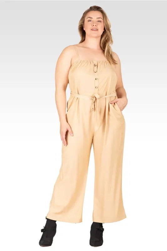 Charli Women's Plus Size  Adjustable Spaghetti Strap Elastic Neckline High Waist Jumpsuit - Khaki sold by Standards and Practices