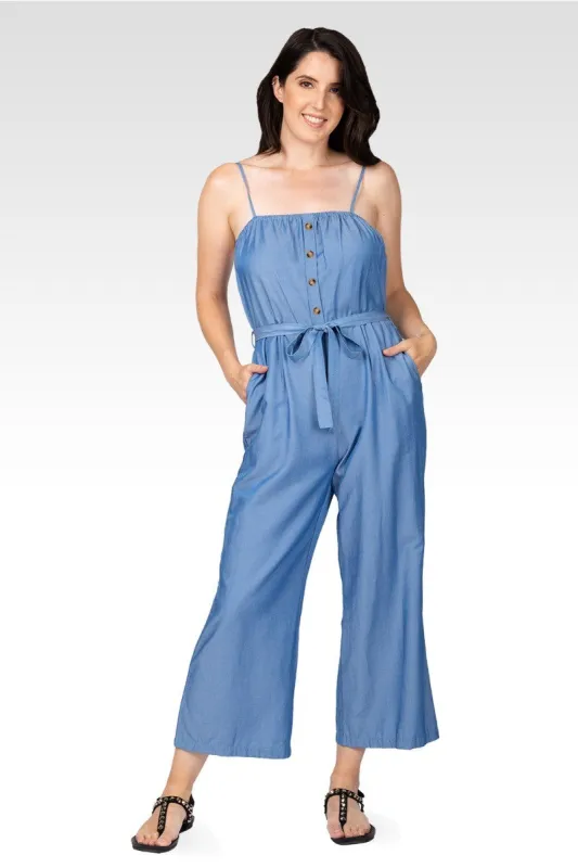 Charli Women's Adjustable Spaghetti Strap Elastic Neckline High Waist Jumpsuit - Bleach Blue sold by Standards and Practices