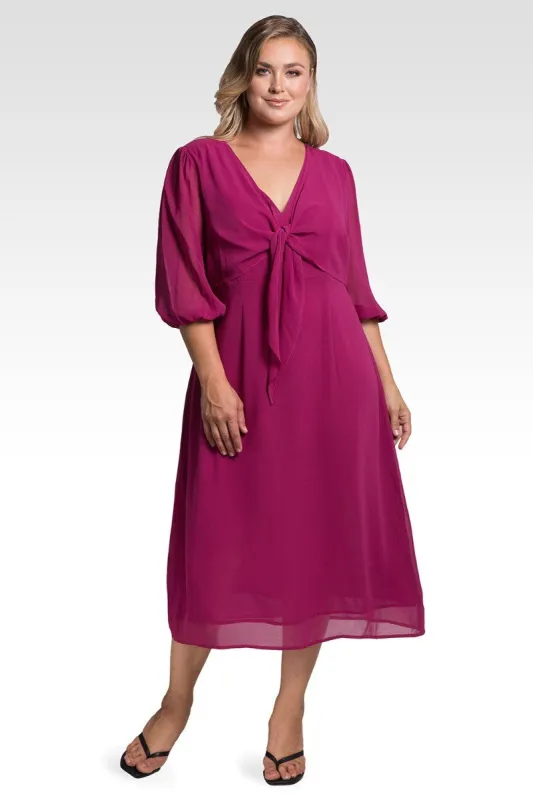 Kenna Women's Plus Size Tie Front Puff Sleeves Midi Dress - Plum Pie sold by Standards and Practices