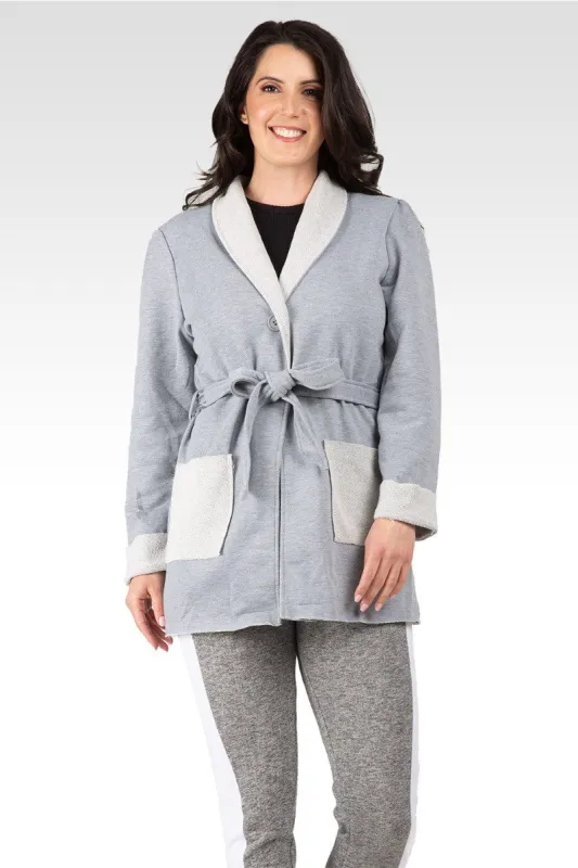 Ivy Women's Reverse Trim Shawl Collared Self Tie French Terry Cardigan sold by Standards and Practices