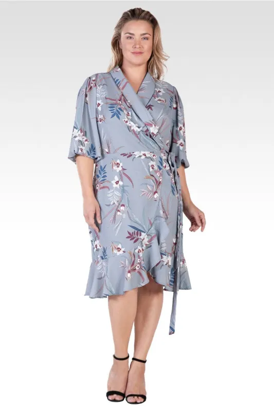 Kylie Plus Size Double Georgette Grey Tropical Floral Print Ruffles Wrap Midi Dress made by Standards and Practices