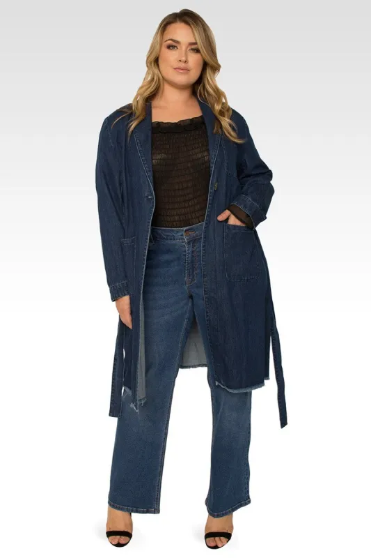 Natalie Plus Size Denim Robe Long Sleeves Collared Jacket made by Standards and Practices