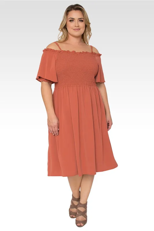 Gabi Plus Size Off The Shoulder Brown Smocked Georgette Dress made by Standards and Practices