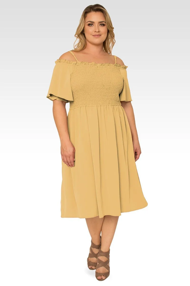 Gabi Plus Size Off The Shoulder Pale Banana Smocked Georgette Dress sold by Standards and Practices