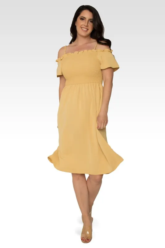 Gabi Off The Shoulder Pale Banana Smocked Georgette Dress sold by Standards and Practices