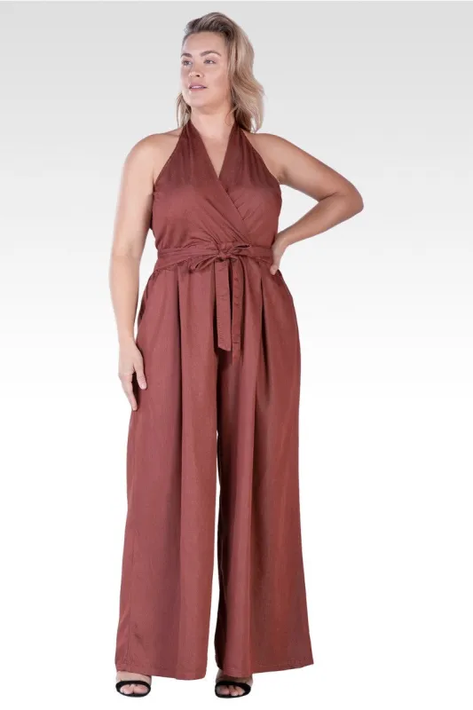 London Plus Size Deep V-Neck Halter Backless Brown Tencel Wide Leg Jumpsuit sold by Standards and Practices