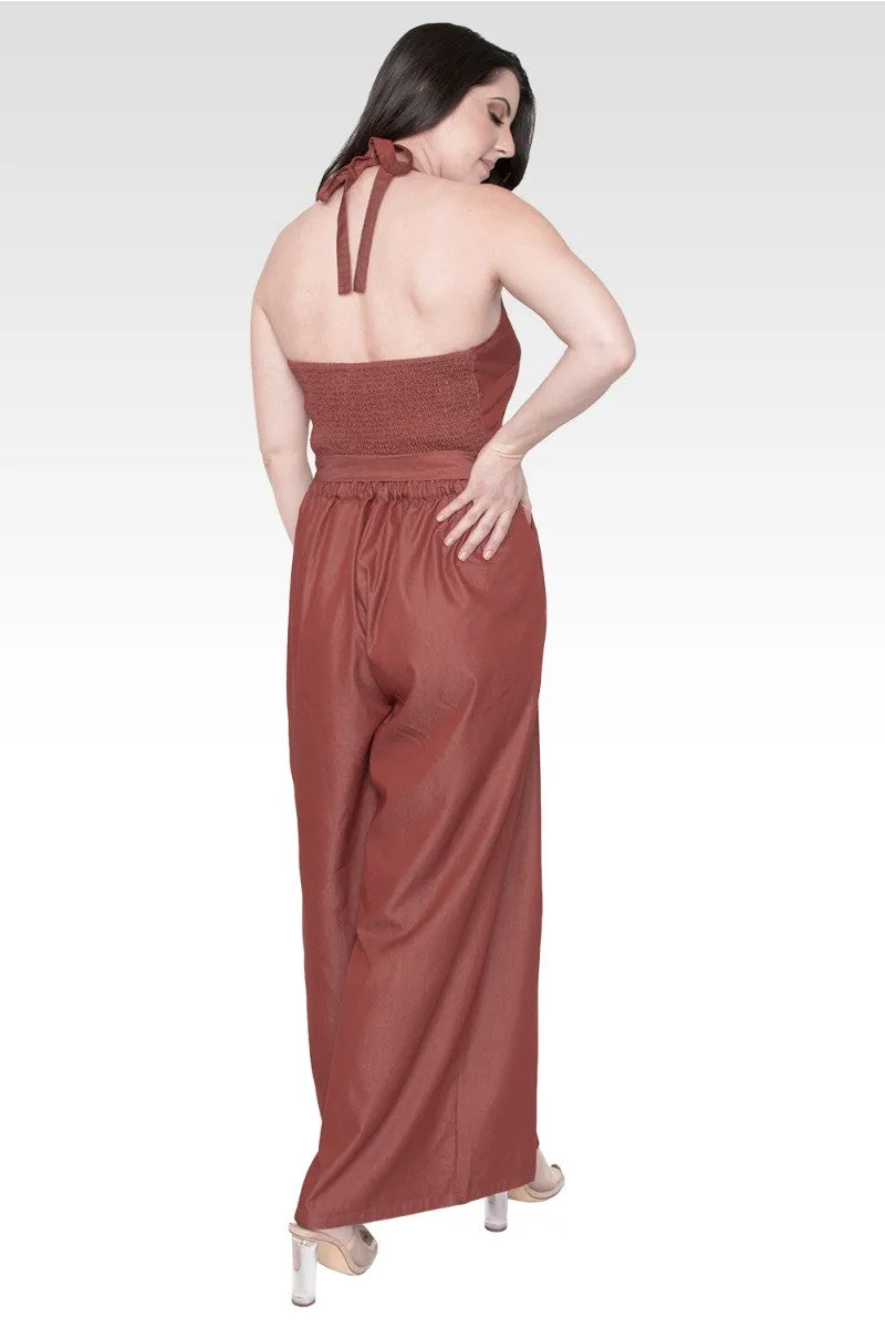 London Deep V-Neck Halter Backless Brown Tencel Wide Leg Jumpsuit sold by Standards and Practices product image thumbnail 2