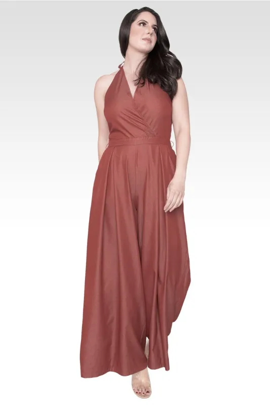 London Deep V-Neck Halter Backless Brown Tencel Wide Leg Jumpsuit sold by Standards and Practices