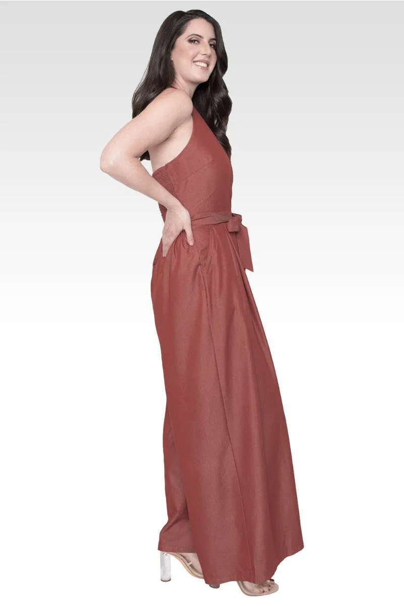 London Deep V-Neck Halter Backless Brown Tencel Wide Leg Jumpsuit sold by Standards and Practices product image thumbnail 5