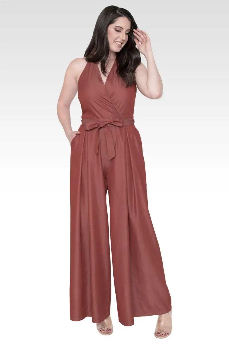 London Deep V-Neck Halter Backless Brown Tencel Wide Leg Jumpsuit sold by Standards and Practices product image thumbnail 3