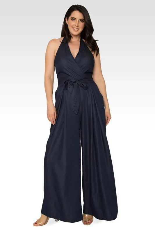 London Deep V-Neck Halter Backless Indigo Tencel Wide Leg Jumpsuit sold by Standards and Practices