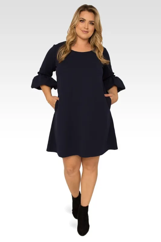 Stella Plus Size Navy Blue Crepe Knit 3/4 Balloon Sleeves Midi Dress sold by Standards and Practices