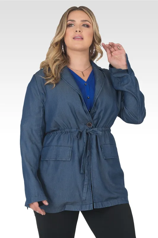 Plus Size Adrienne Dark Wash Drawstring Tencel Denim Blazer sold by Standards and Practices