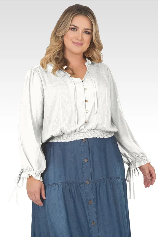 Plus Size Jessica Chiffon Tie-Neck Long Sleeve Prairie Top - Off-White made by Standards and Practices