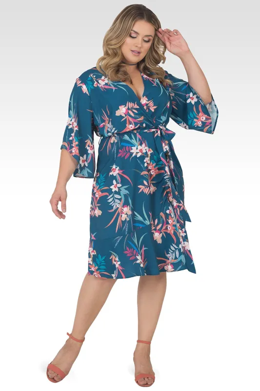 Plus Size Serena Kimono Sleeve Ruffled Knee Length Wrap Dress - Tropical Mist Floral Print made by Standards and Practices