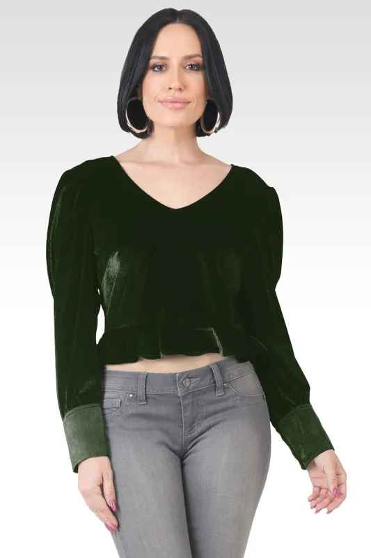 Standards & Practices Stretch Velvet Peplum Top - Green sold by Standards and Practices