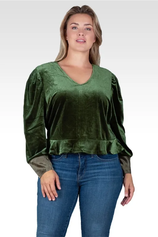 Standards & Practices Plus Size Stretch Velvet Peplum Top - Green sold by Standards and Practices