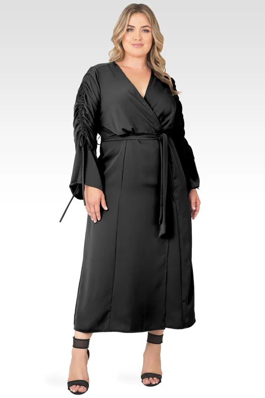 Plus Size Violeta Solid Black Ruched Sleeves Wrap Maxi Dress made by Standards and Practices