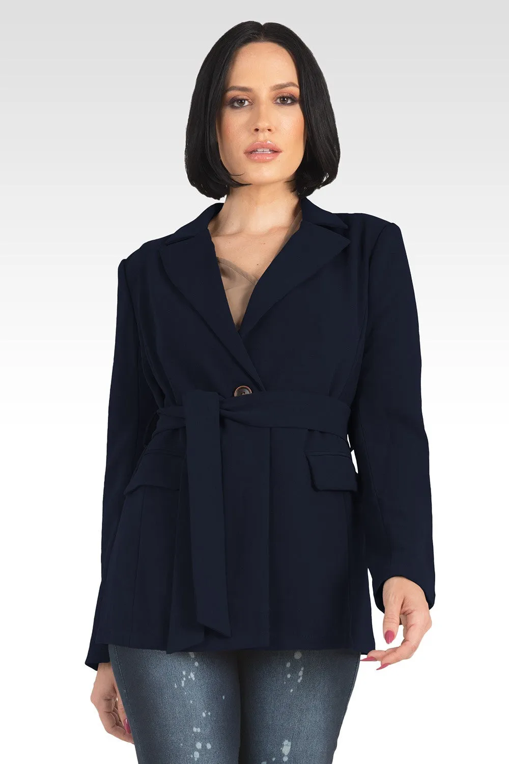 Crepe Gina Solid Wrap Blazer - Navy sold by Standards and Practices