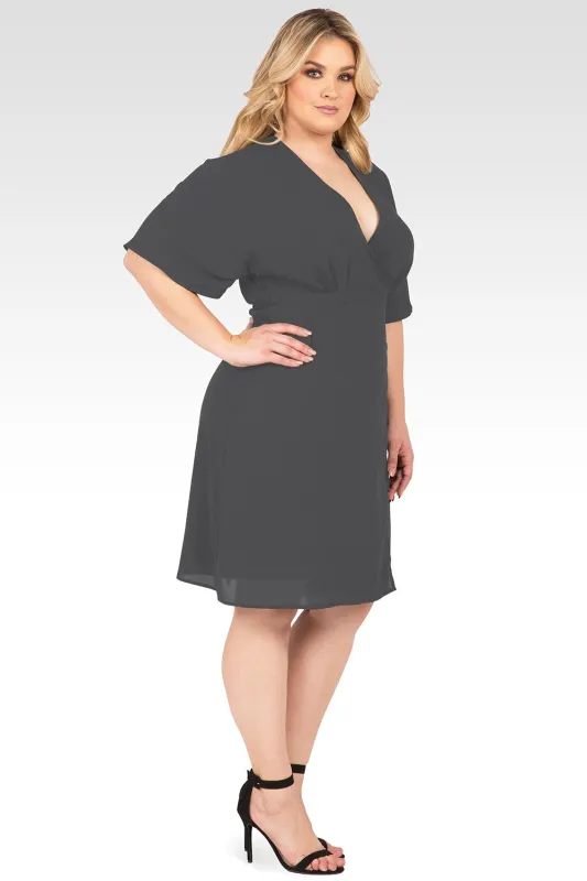 Plus Size Candice Smoke Grey V-Neck Knee Length Kimono Wrap Dress made by Standards and Practices