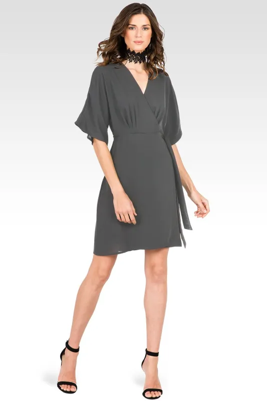 Candice Smoke Grey V-Neck Kimono Wrap Midi Dress made by Standards and Practices