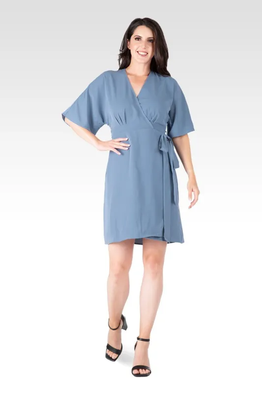 Candice Slate V-Neck Kimono Wrap Blue Midi Dress made by Standards and Practices