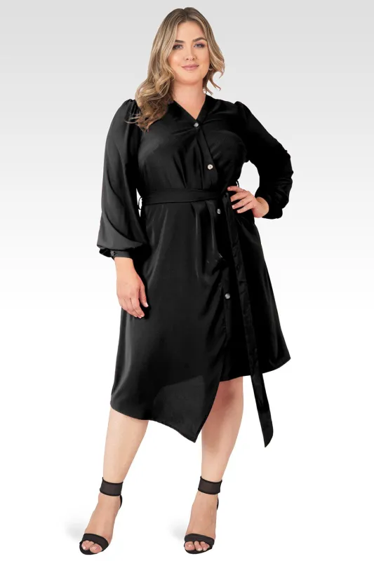 Plus Size Natalia Solid Button-Up Wrap Lantern Sleeve Dress - Black sold by Standards and Practices