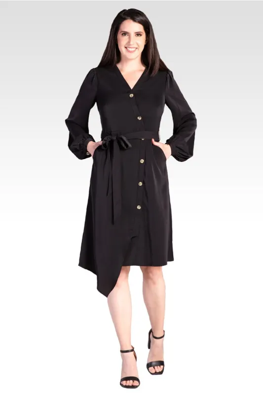 Natalia Solid Button-Up Wrap Lantern Sleeve Dress - Black sold by Standards and Practices