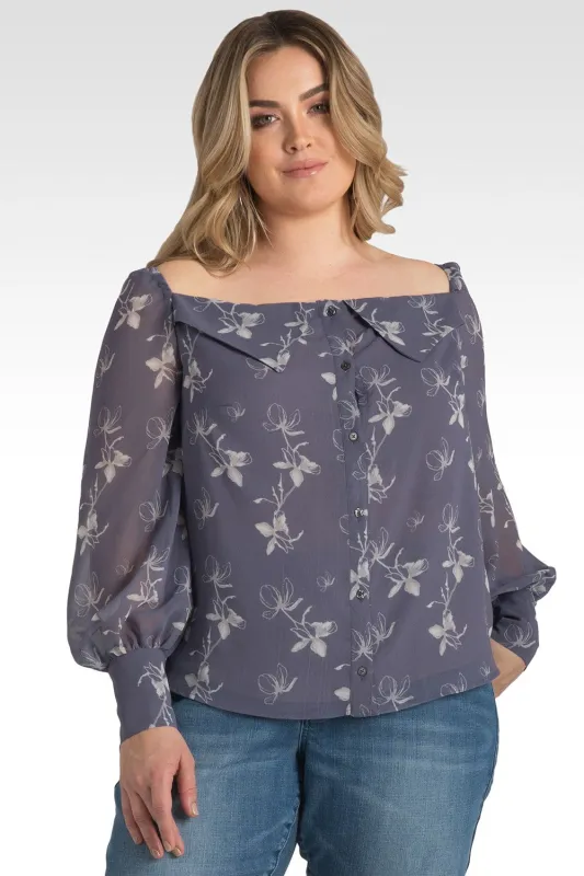 Plus Size Nikita Lavender Floral Puff Sleeve Top with Fold Down Collar & Square Neckline sold by Standards and Practices